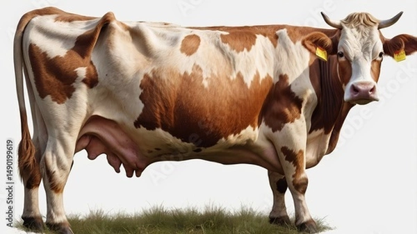 Fototapeta A close-up of a brown and white dairy cow standing gracefully on a grassy field, showcasing its gentle demeanor.