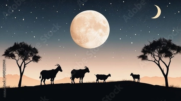Fototapeta Silhouettes of goats and cows against a starry night sky with a large moon and crescent moon in the background.