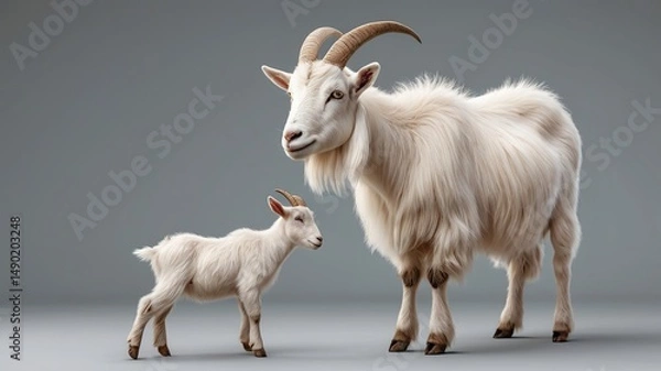 Fototapeta A fluffy white goat and its cute kid, showcasing their soft fur and playful nature against a neutral background.