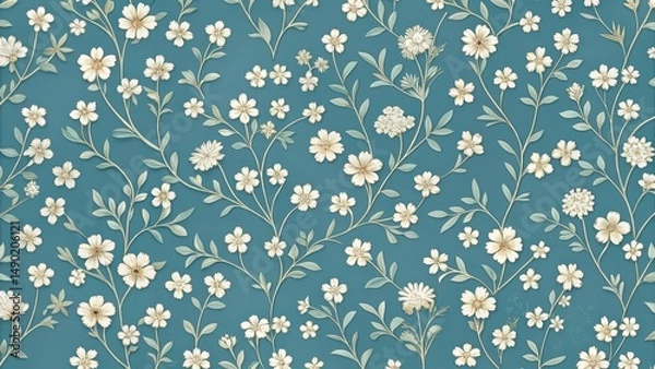 Fototapeta Delicate floral wallpaper with blue background featuring small white and cream-colored flowers arranged in a repeating pattern of interconnected petals, bedroom wall decor, blue hues