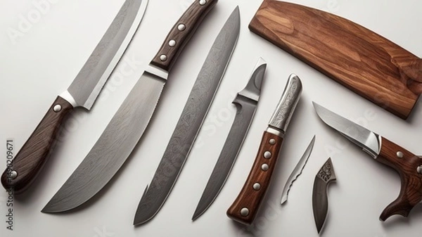 Fototapeta A collection of elegant kitchen knives with wooden handles, showcasing craftsmanship and precision against a clean surface.