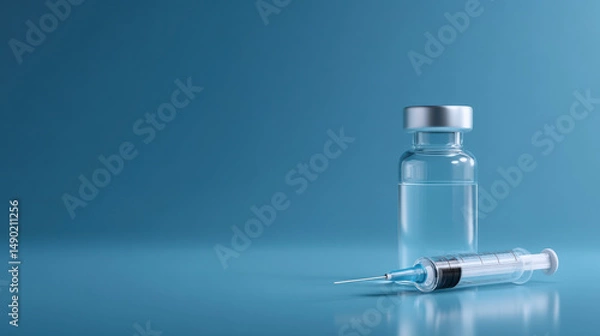 Fototapeta Medical vaccine vial and syringe on blue background, symbolizing vaccination and healthcare