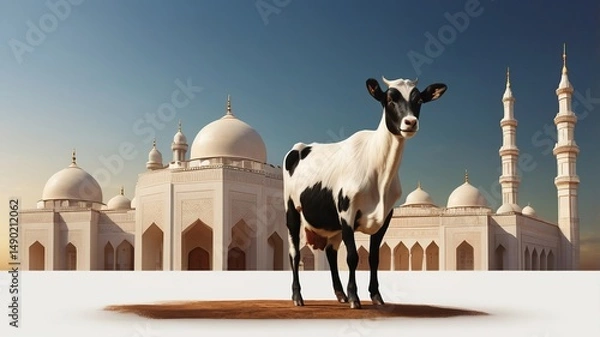 Fototapeta A black and white cow stands elegantly against the backdrop of an ornate mosque and blue sky.