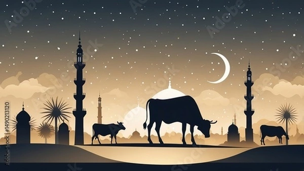 Fototapeta Silhouetted cows graze against a serene twilight sky with minarets and a crescent moon, evoking peace and tradition.
