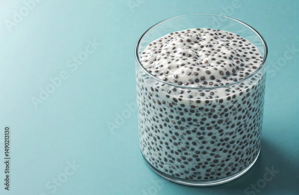 Fototapeta chia pudding bowl over bright simple blue background with empty copy space, vegan and superfood