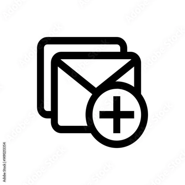Fototapeta Icon depicting multiple mail envelopes with a plus sign indicating addition or new message totaling 100 chars