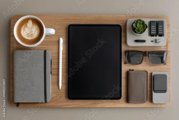 Obraz Top view. On the table, there is coffee, glasses, mobile phone, tablet, potted plant and wood with background.