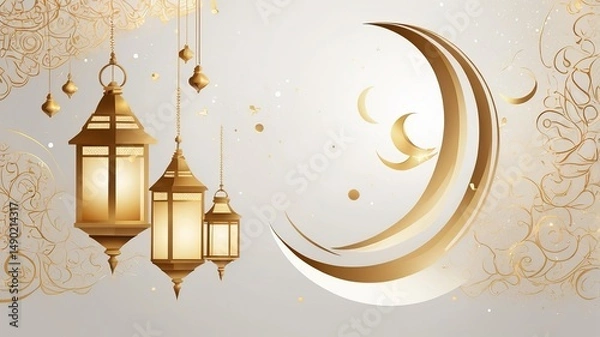 Fototapeta Elegant gold lanterns and crescent moon design, symbolizing celebration and spirituality.