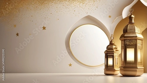Fototapeta Elegant golden lanterns set against a shimmering backdrop, evoking a festive ambiance.