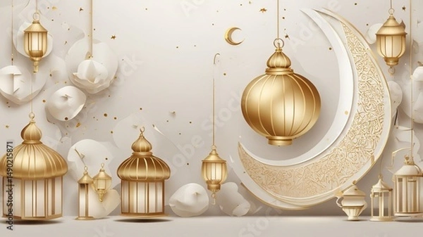 Fototapeta Elegant golden crescent moon and lanterns create a festive atmosphere perfect for celebrations.