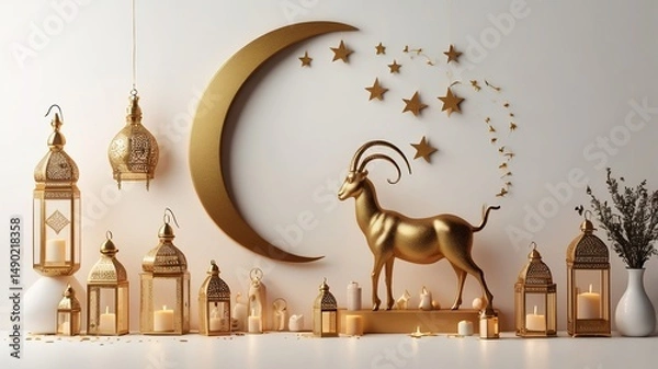Fototapeta An elegant golden goat statue amidst decorative lanterns and a crescent moon, creating a serene and festive atmosphere.