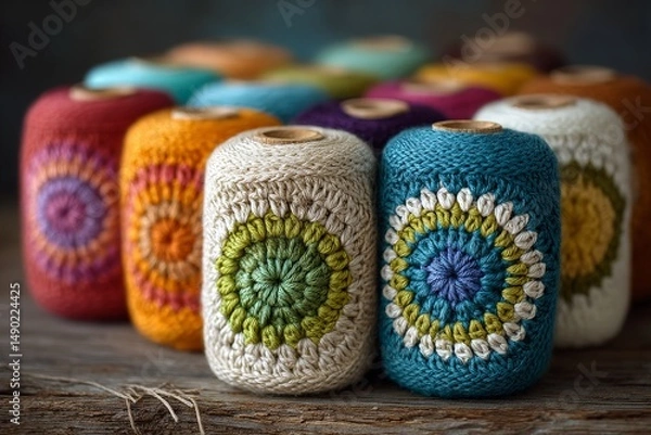 Obraz crochet on a wooden table with traditional craft and textile elements.
