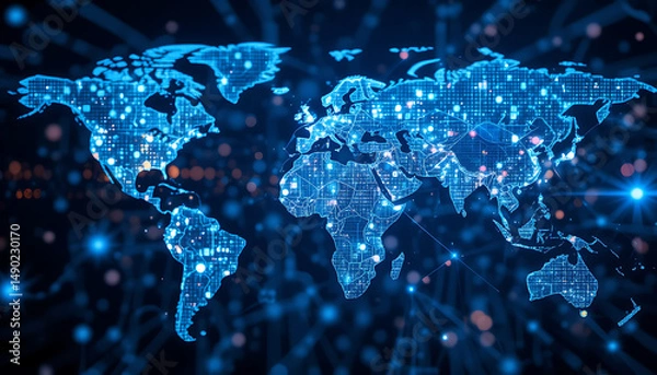 Fototapeta Futuristic Digital World Map with Glowing Global Network Connections.