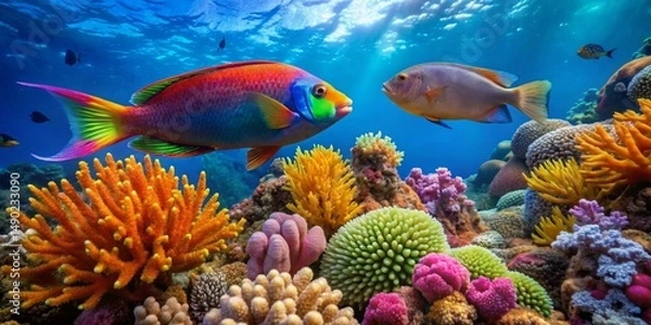 Fototapeta Vibrant Reef Scene Two Colorful Fish Interact Amidst a Lush Coral Garden