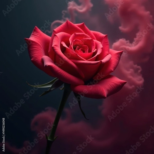Fototapeta red rose surrounded by swirling mist and fog on a dark backdrop, mystical, beauty