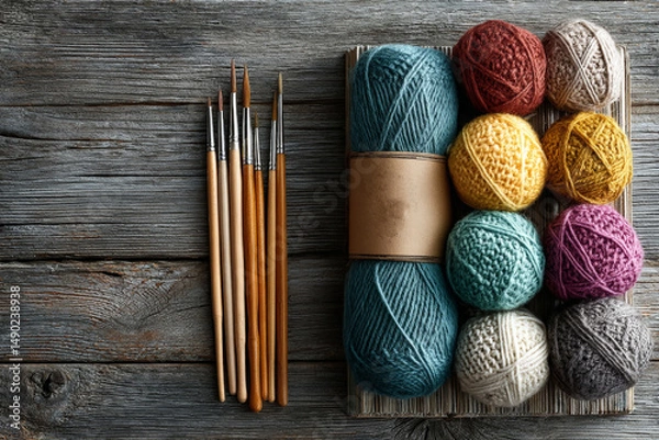 Obraz Crochet accessories and yarn are neatly arranged next to the brushes.