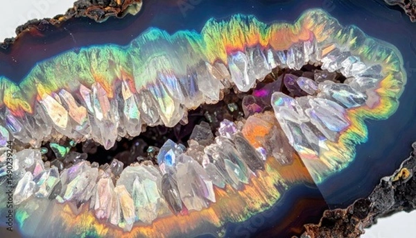 Fototapeta Colorful Iridescent Crystal Cluster In Agate Slice