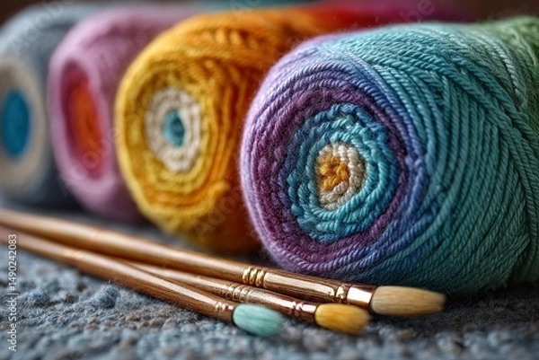Obraz Colorful knitting yarn and needles arranged for handmade craft projects.
