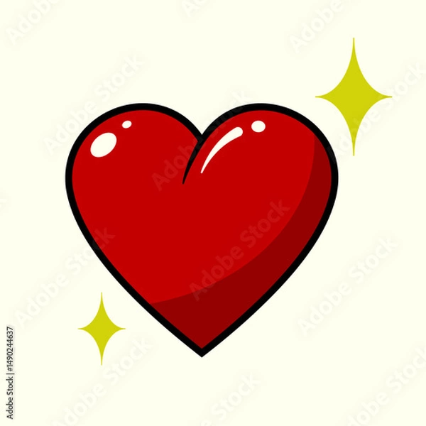 Fototapeta Red heart in comic style with gloss effect and yellow stars.