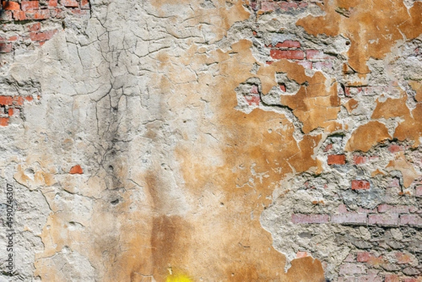 Fototapeta A fragment of a brick wall with peeling plaster on a spring day