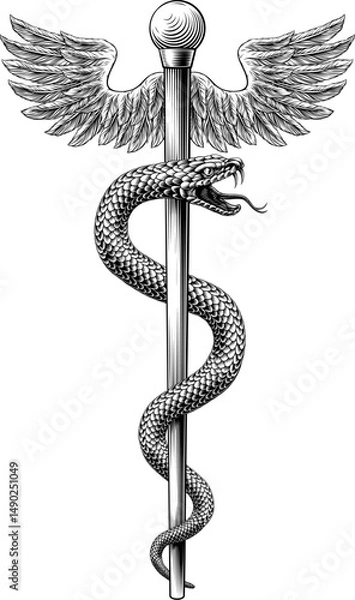 Fototapeta Rod of Asclepius staff medical symbol. Snake around rod or wooden staff. Often mistakenly called Caduceus. Doctor medicine and health care icon. Vintage woodcut etching style. Also features wings.