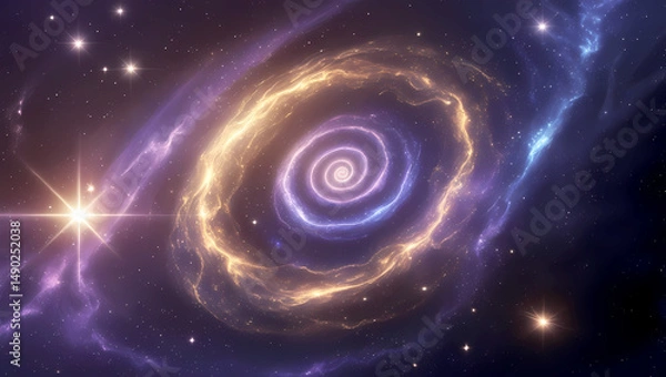 Fototapeta Radiant Spiral Nebula with Golden and Blue Swirls in Deep Space, Galactic Nebula, Shimmering Stars, Cosmic Dust

