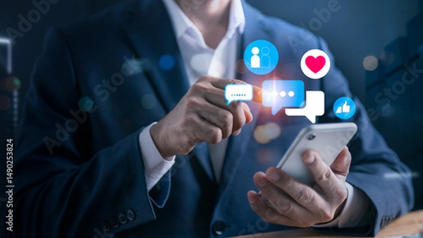Fototapeta Digital business concept with social media interaction, businessman touching chat bubble and heart icon, online presence, mobile engagement, social networking and branding
