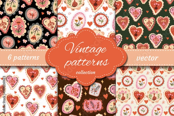 Fototapeta Romantic vintage vector patterns with hearts, florals and folk-style textures. Warm, nostalgic design great for Valentine's Day, home decor or packaging.