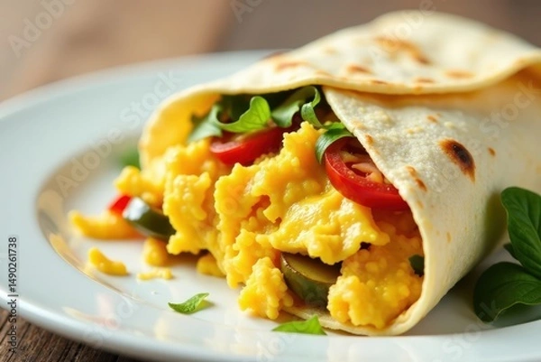 Fototapeta Scrambled eggs wrapped in flour tortilla with shredded cheese and saut?ed vegetables inside, cheese, scrambled eggs