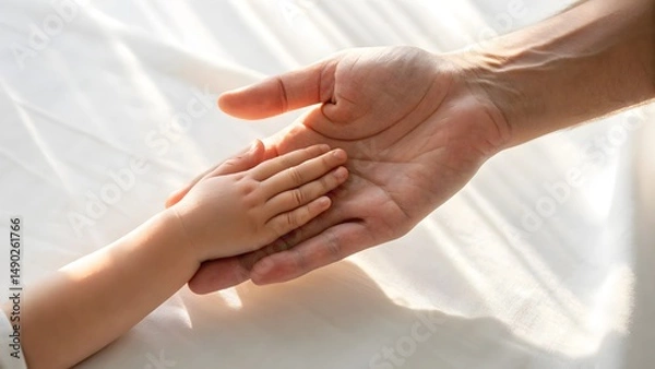 Fototapeta Close-up of a child's hand resting in an adult's palm, symbolizing trust, care, and family connection, illuminated by soft natural sunlight indoors