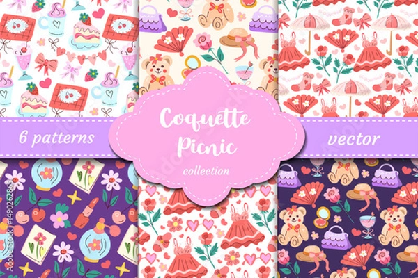 Fototapeta Girly coquette style picnic vector patterns with bows, fans, dresses, teddy bears, strawberries and hearts. Trendy set for packaging, decor and fashion accessories.