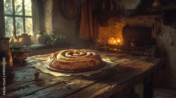 Obraz Sweet roll on wooden table in kitchen