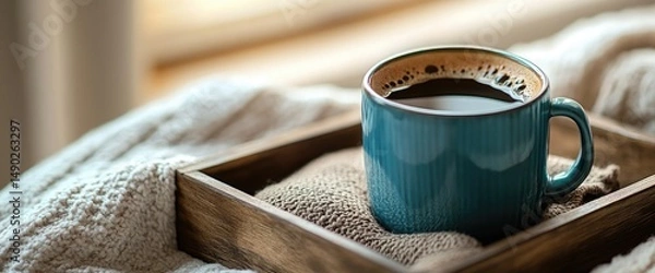 Obraz Teal coffee cup on wooden tray