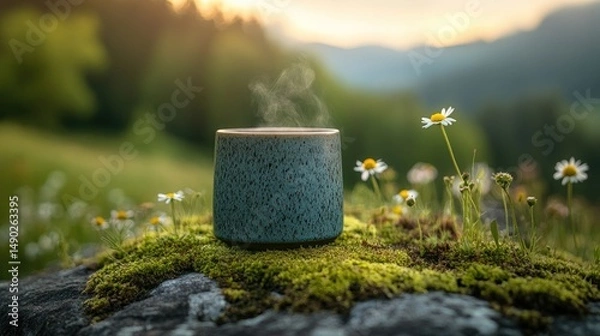 Obraz Teal mug on mossy rock with wildflowers