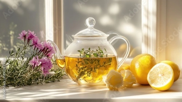 Obraz Teapot and lemons by the window