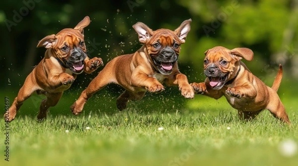 Obraz Three puppies jumping in a field