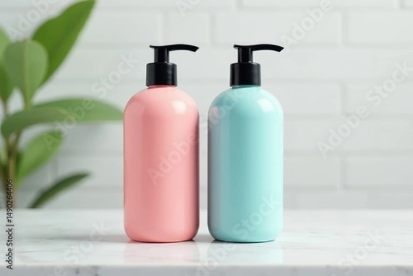 Fototapeta Shampoo bottles side by side on a white marble countertop , soap, bathroom