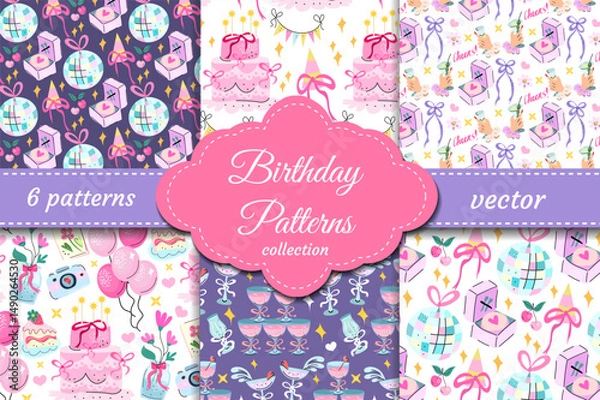 Fototapeta Cute and colorful birthday vector patterns with cakes, disco balls, gifts, champagne, balloons and sweets. Perfect for kids, party decor, wrapping and greeting cards