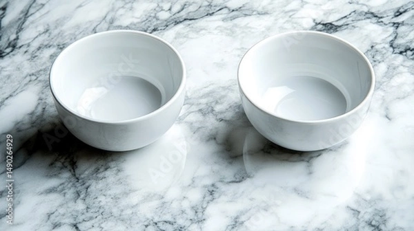 Obraz Two empty white bowls on marble surface