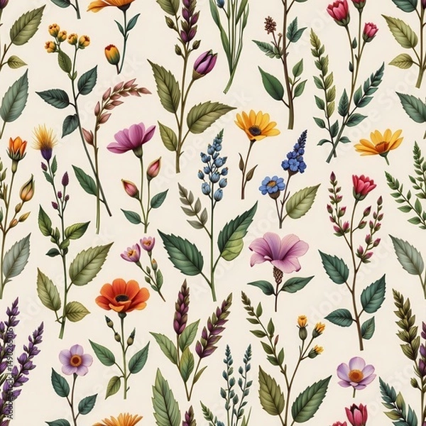 Fototapeta seamless pattern with hand drawn botanical herbs and wildflowers