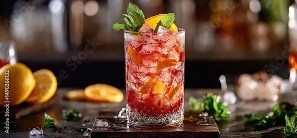 Obraz Vibrant red cocktail with orange slices and mint