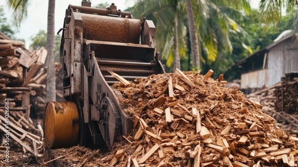 Fototapeta Industrial wood chipper machine processing peeled logs into small chips