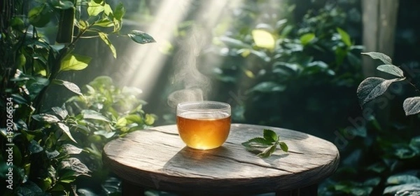 Obraz Warm beverage in sunlit garden setting