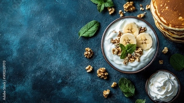 Obraz Yogurt bowl with bananas walnuts and mint