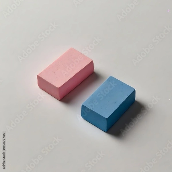 Fototapeta Isolated colorful chalk blocks, red, green, blue, and yellow, rest on a clean white and black background, reminiscent of school