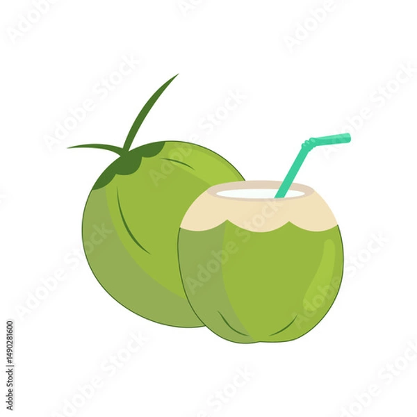 Fototapeta Fresh young coconut fruits. Whole green coconut. Cocktail "green coconut" with a straw. The concept of a summer coconut cocktail. A graphic element. A flat cartoon illustration on a white background