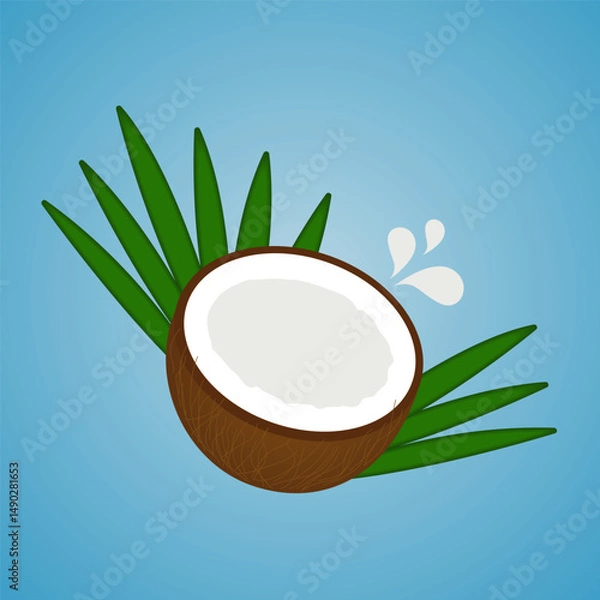 Fototapeta Half of a brown split coconut with leaves isolated on a blue gradient background. Vector illustration for summer design.