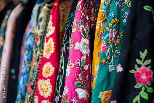 Fototapeta Colorful embroidered fabrics hanging in a row, showcasing intricate floral patterns and vibrant hues, perfect for textile design inspiration and cultural fashion exploration