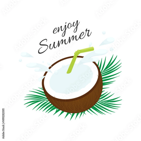 Fototapeta Enjoy the summer. A coconut cocktail composition with a drinking straw and sprinkles, decorated with tropical leaves on a white background. Vector illustration for summer design.