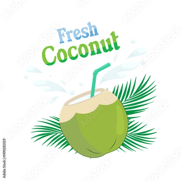 Fototapeta A drink made from fresh coconut water, a cartoon drawing with an inscription. A young green coconut with a drinking straw and sprinkles, cut in half. Isolated illustration.